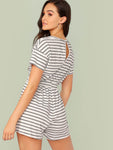 Keyhole Back Belted Striped Romper