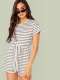 Keyhole Back Belted Striped Romper