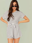 Keyhole Back Belted Striped Romper