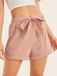 Self Belted Elastic Waist Cuffed Shorts