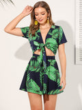 Tropical Print Tie Front Peekaboo Romper