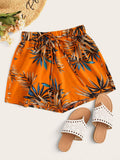 Drawstring Waist Tropical Print Shorts