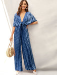 Plunging Neck Batwing Sleeve Tie Front Palazzo Jumpsuit