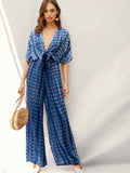 Plunging Neck Batwing Sleeve Tie Front Palazzo Jumpsuit