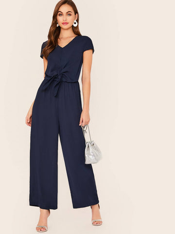 Tie Front Blouson Waist Palazzo Jumpsuit