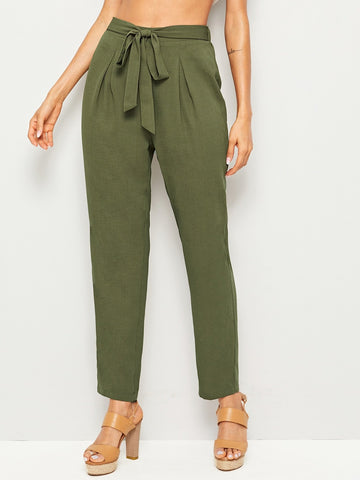 Self Belted Pleated Detail Tapered Pants