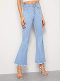 Raw Hem Flare Leg Button Front Jeans