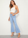 Raw Hem Flare Leg Button Front Jeans