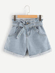 Self Belted Rolled Hem Denim Shorts