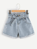 Self Belted Rolled Hem Denim Shorts