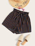 High Waist Bow Decor Striped Paperbag Shorts