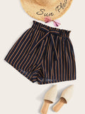 High Waist Bow Decor Striped Paperbag Shorts