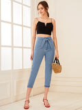 Roll Up Hem Belted Capris Jeans