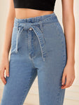 Roll Up Hem Belted Capris Jeans