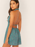  Ditsy Floral Plunge Neck Backless Romper