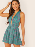  Ditsy Floral Plunge Neck Backless Romper
