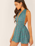  Ditsy Floral Plunge Neck Backless Romper
