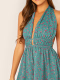  Ditsy Floral Plunge Neck Backless Romper