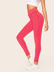 Neon Pink Wide Waistband Contrast Topstitching Leggings