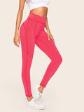 Neon Pink Wide Waistband Contrast Topstitching Leggings