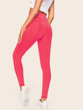 Neon Pink Wide Waistband Contrast Topstitching Leggings