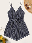 Surplice Striped Self Belted Wrap Romper