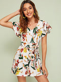 Floral Print Knot Button Keyhole Playsuit