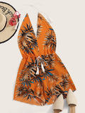 Leaf Print Drawstring Waist Halter Romper