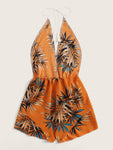 Leaf Print Drawstring Waist Halter Romper