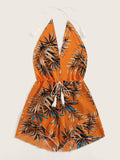 Leaf Print Drawstring Waist Halter Romper