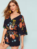 Surplice Neck Belted Floral Print Romper