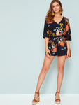 Surplice Neck Belted Floral Print Romper