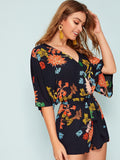 Surplice Neck Belted Floral Print Romper