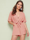 Tie Front Dual Pocket Rolled Cuff Playsuit